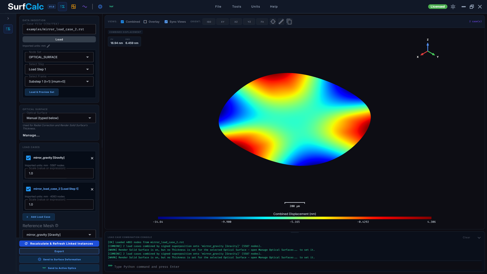 Load Case Combination module: combined deformation field from two superposed load cases