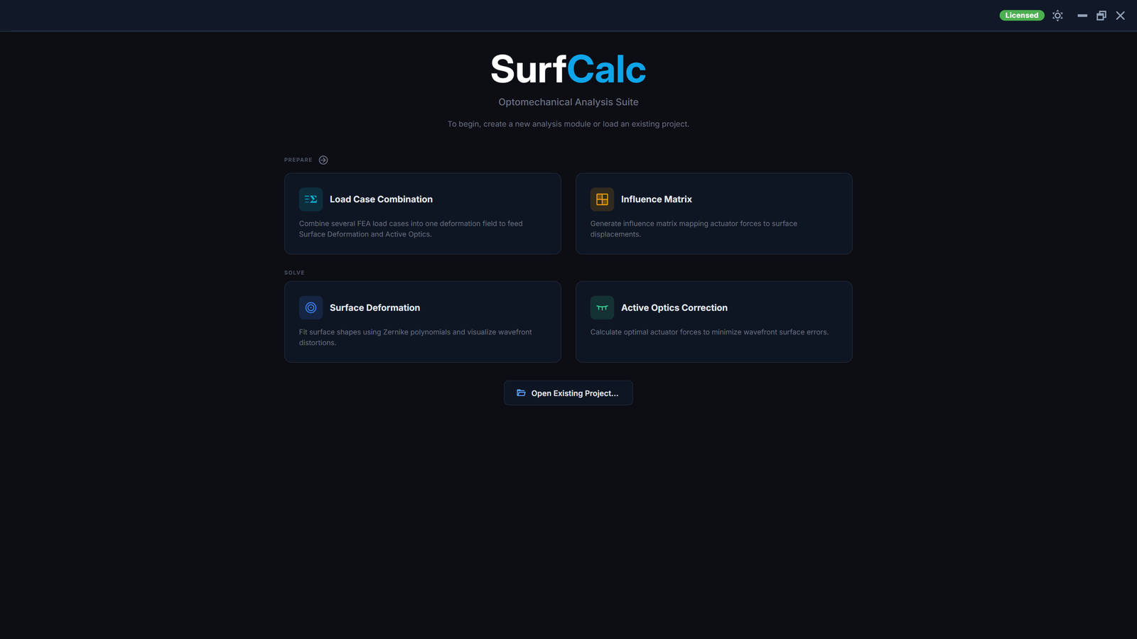SurfCalc welcome screen with module cards and sidebar